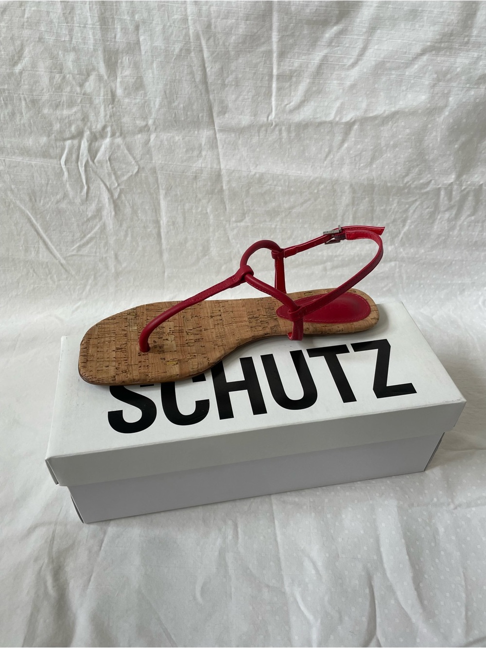 SCHUTZ Elsha Flat Sandal Red Leather Cork Footbed Size 7.5 - New in Box
